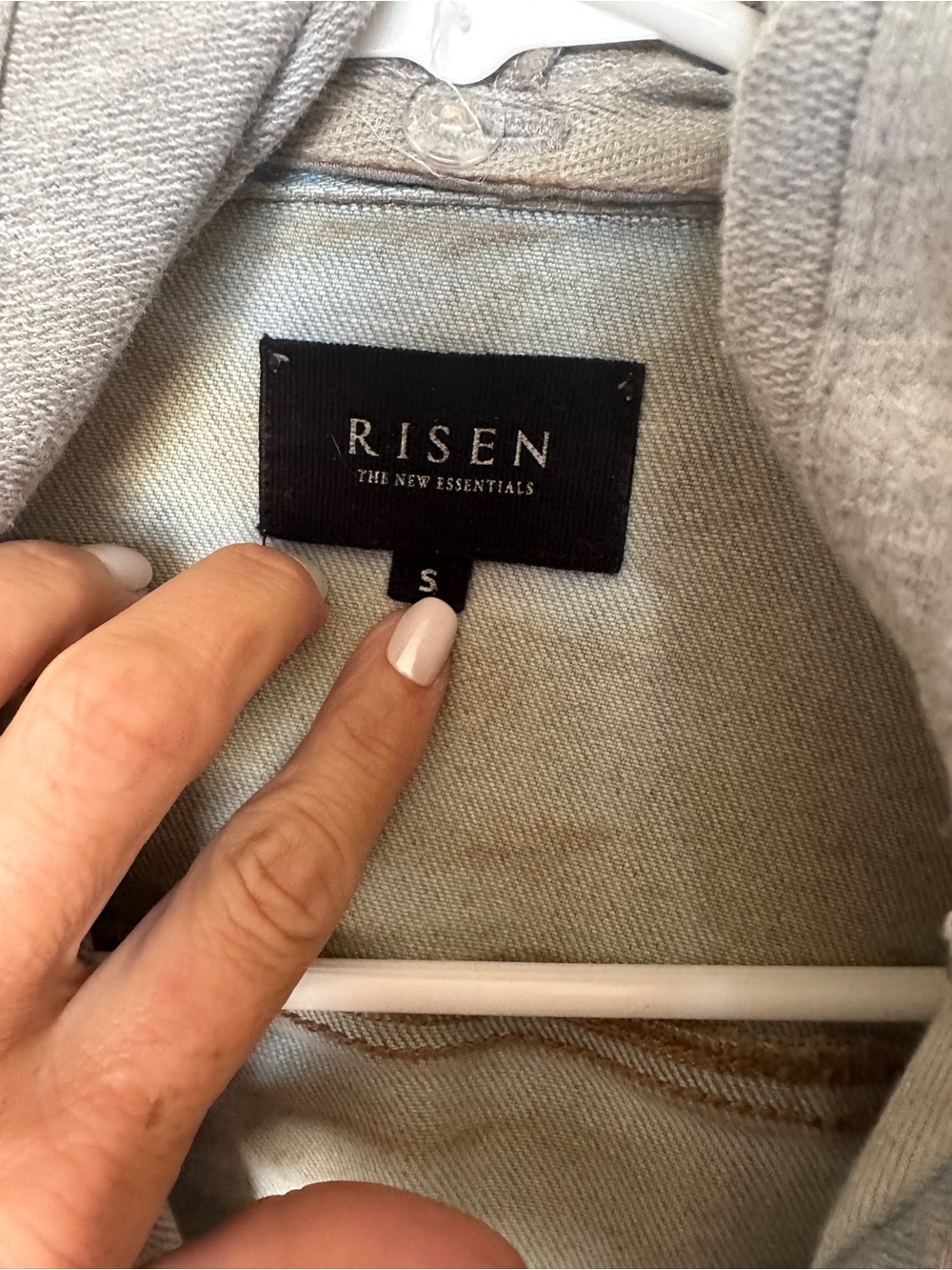 Light Blue Distressed Denim Jacket with Gray Hood - Picture 2 of 3